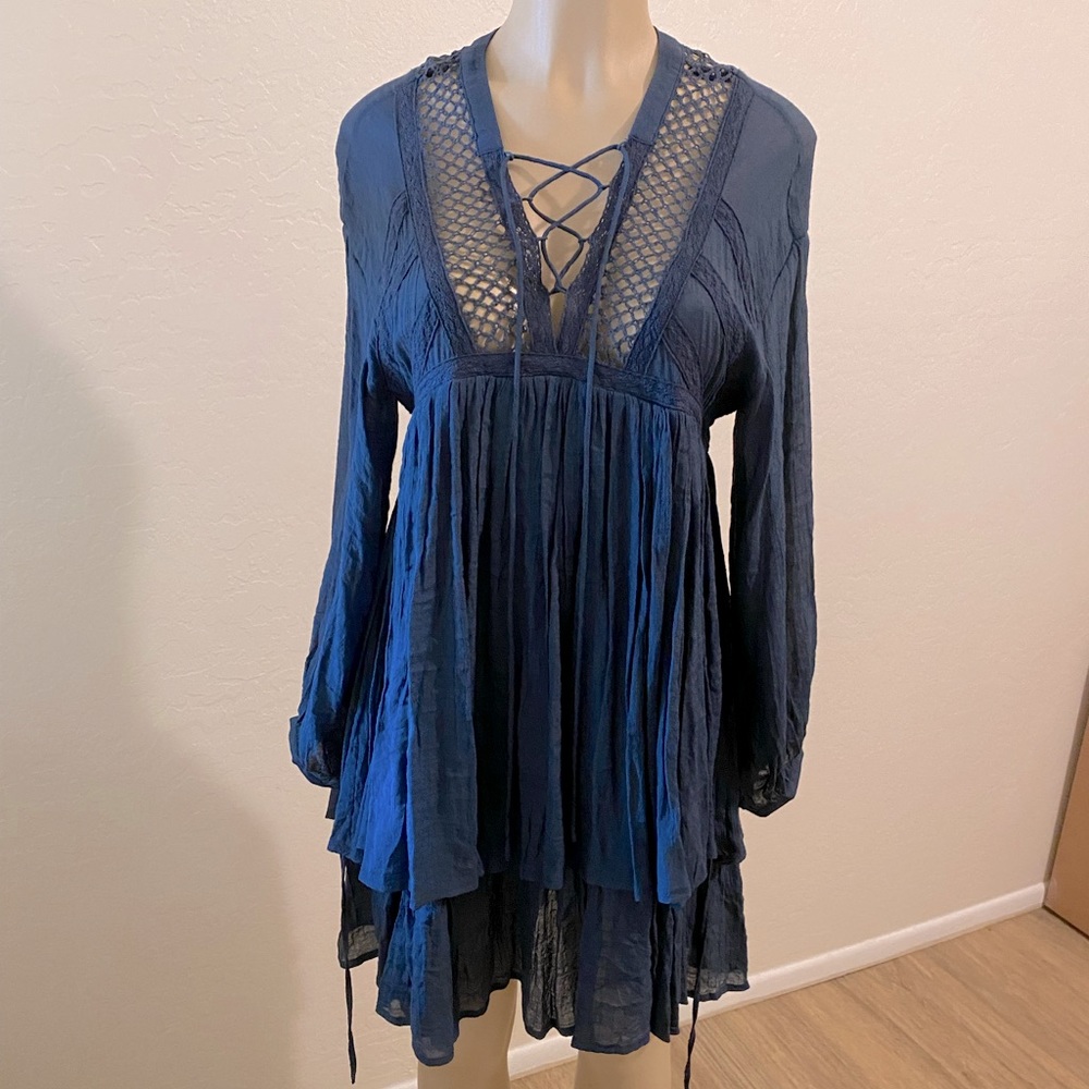 Blue Lace Up Boho One the Land Tunic Dress Small Hippie Fun Babydoll Empire